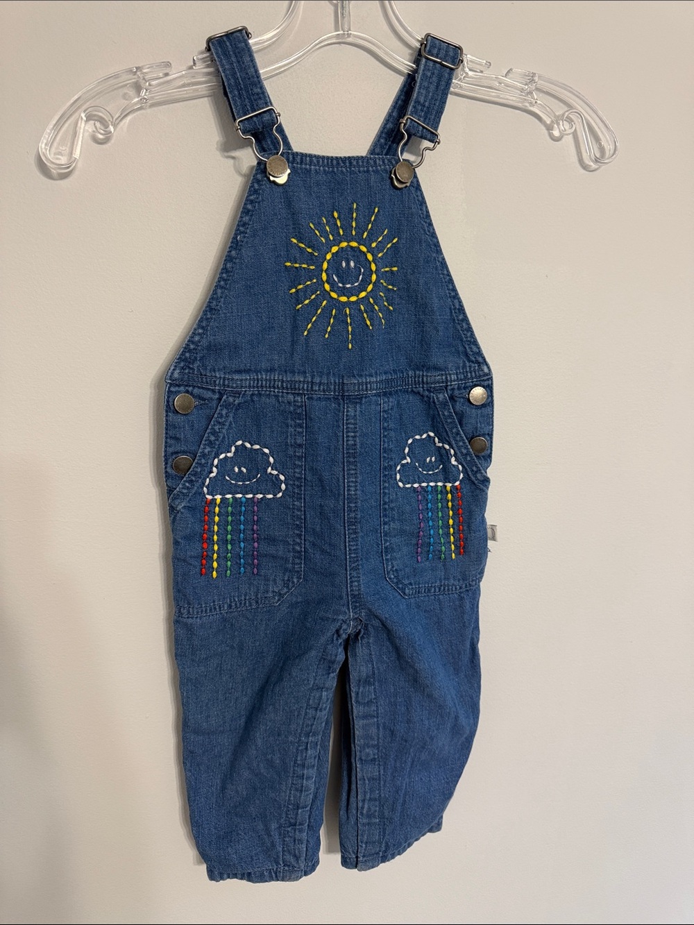 Stella McCartney rainbow clouds embroidered cotton lined jeans overalls 24M